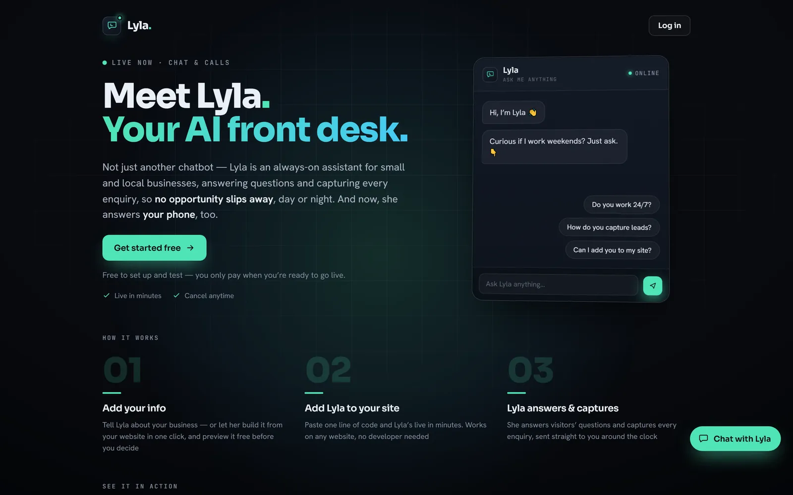 Lyla — AI front desk assistant, live product website