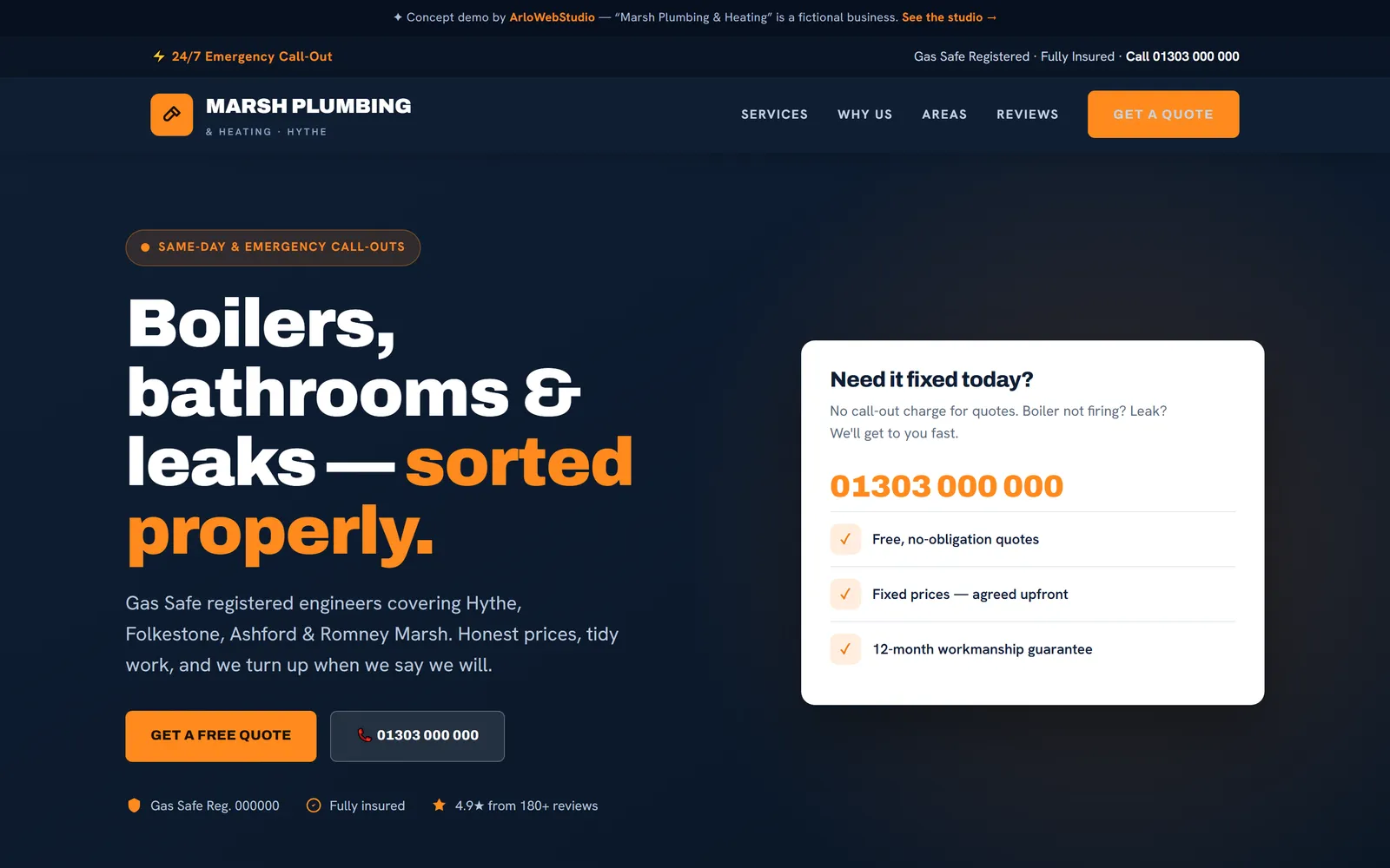 Marsh Plumbing & Heating — trades demo website with quote form and emergency call-out